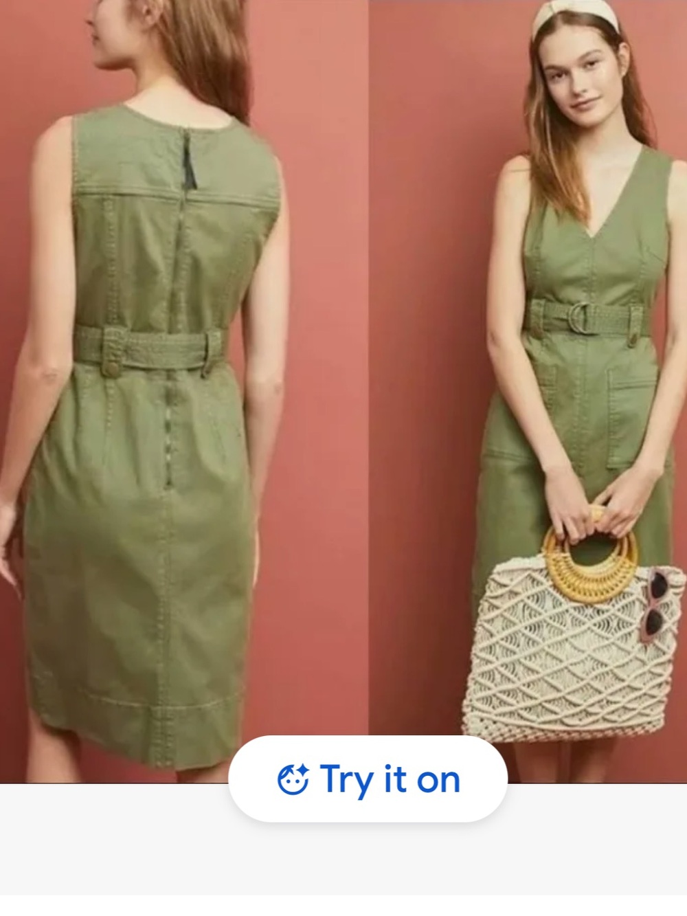 Maeve by Anthropologie Oona Utility Belted Dress - Olive Green, Size 0